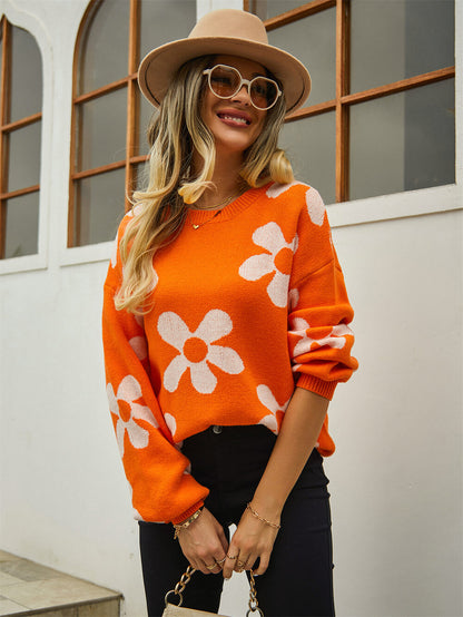 Fall Mega Daisy Pullover Sweater - Orange