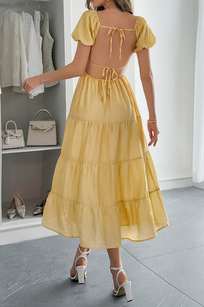 Low Cut Puff Sleeve Backless Tiered Dress