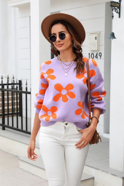 Fall Mega Daisy Pullover Sweater - Purple
