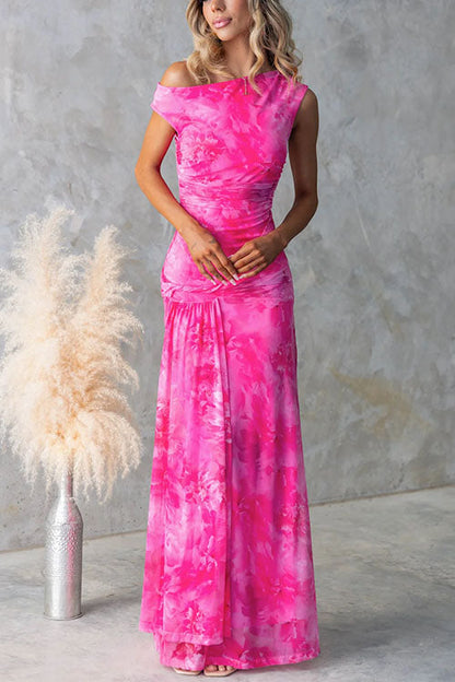 Asymmetric Shoulder Ruched Waist Print Maxi Dress