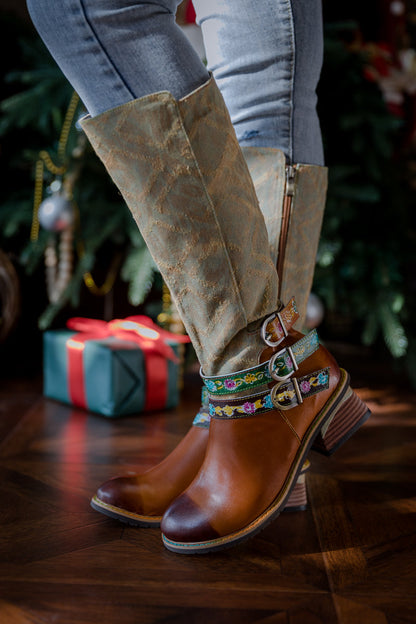 Soffia | Tri-strap Canvas Leather Knee High Boot