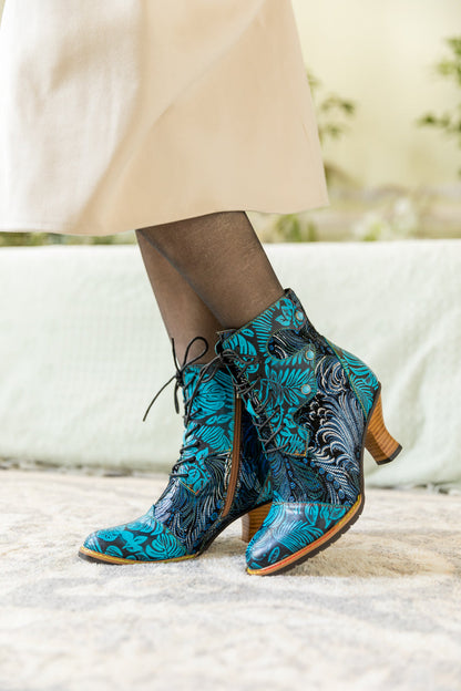 Soffia | Palm Leaf Peacock Feather Leather Ankle Boot