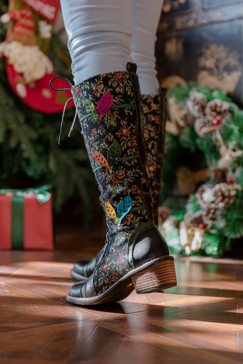 Soffia | Patchwork Applique Leather Canvas Boot