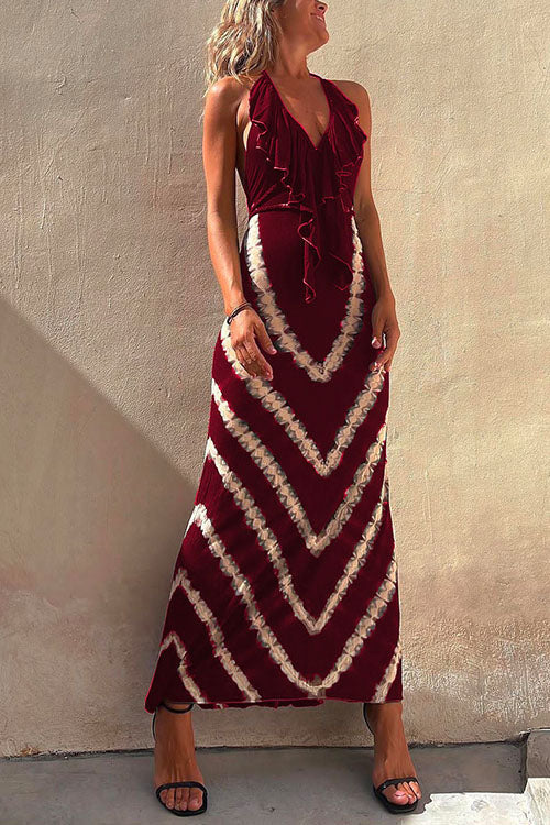Halter V Neck Ruffle Drape Front Printed Maxi Dress
