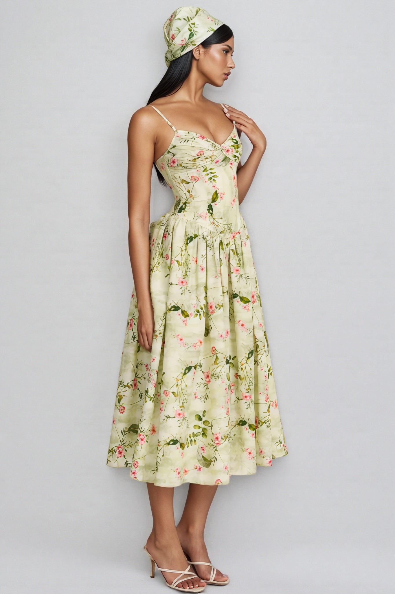 Raleign Green Print Ruched Midi Dress
