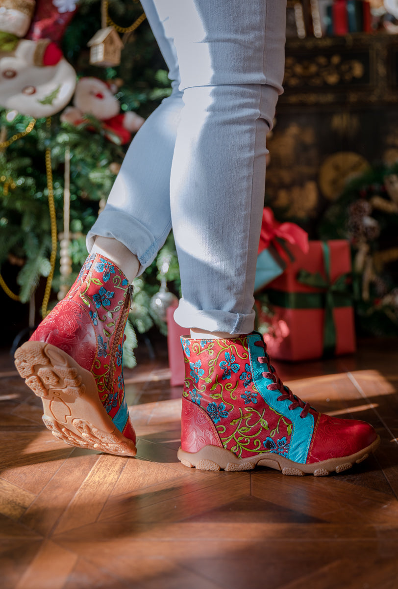 Soffia | Swirl Embossed Lace Up Leather Combat Boot