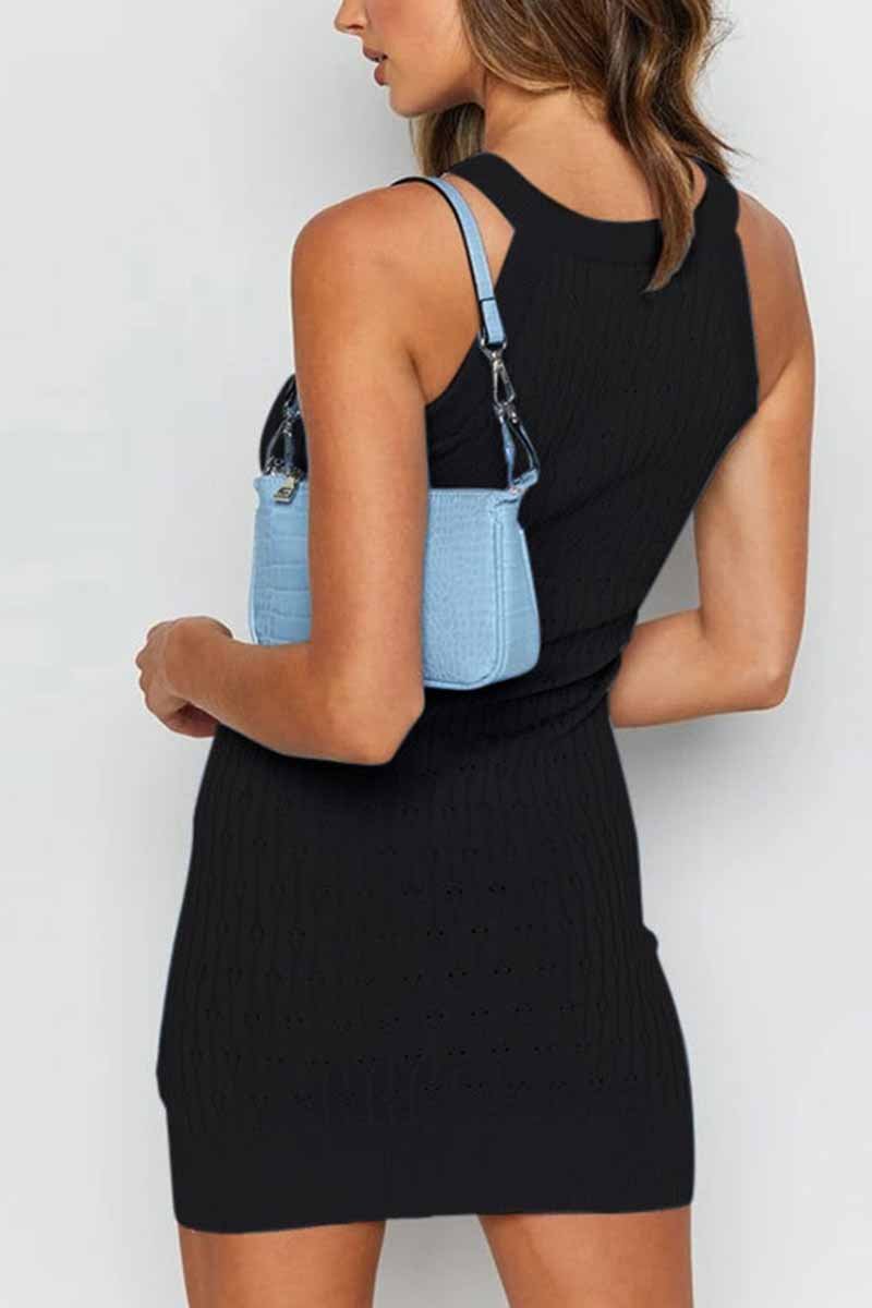 Color Sleeveless Striped Knitted Bag Hip Mini Dress