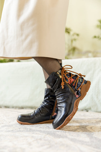 Soffia | Ruched Black Leather Combat Boot