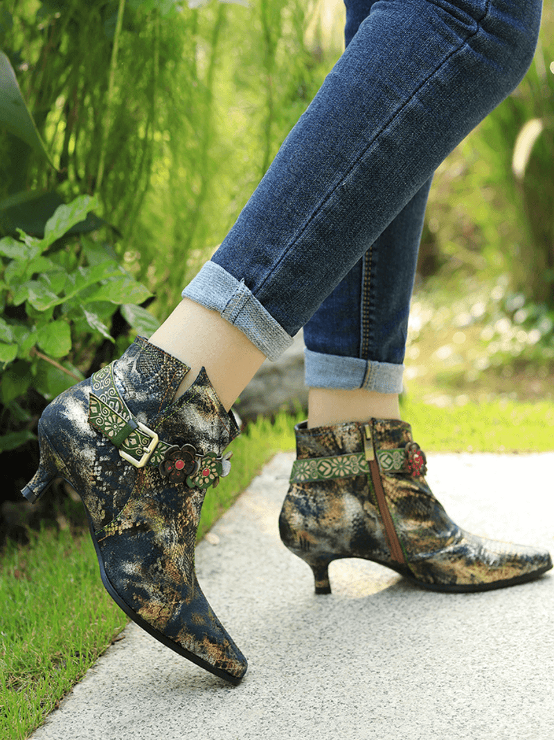 Soffia | Snake Pattern Embossed Green Leather Kitten Heel Ankle Boot