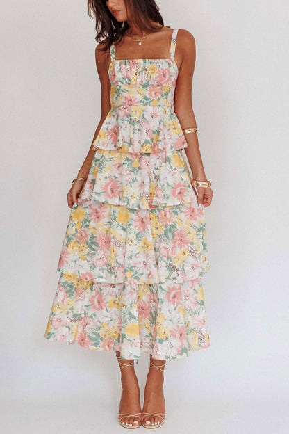 Print Tie-up Tiered Midi Dress
