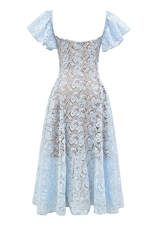 V Neck Flare Sleeves Lace Midi Dress