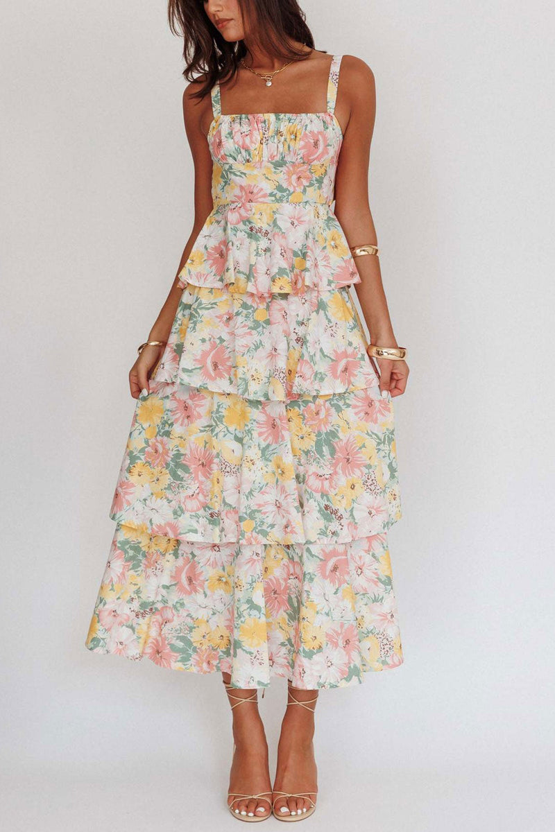 Print Tie-up Tiered Midi Dress
