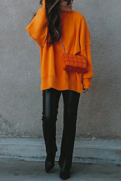 Crewneck Side Split Ribbed Knit Sweater