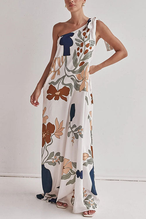 Moxidress Tie Knot One Shoulder Print Maxi Dress