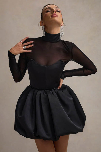 Winter Mesh Sheer Slim Fit Puff Mini Dress