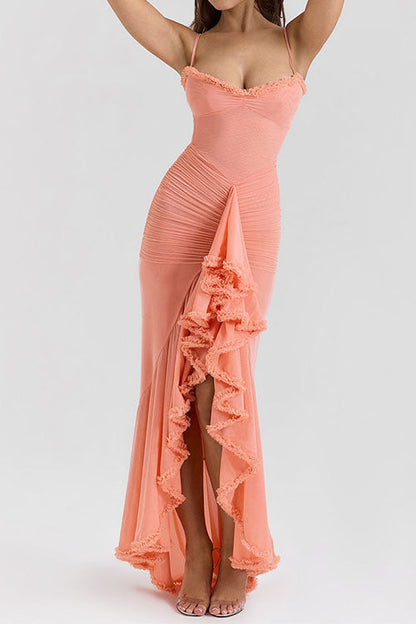 Moxidress Spaghetti Strap Frill Trim Draped Slit Maxi Dress