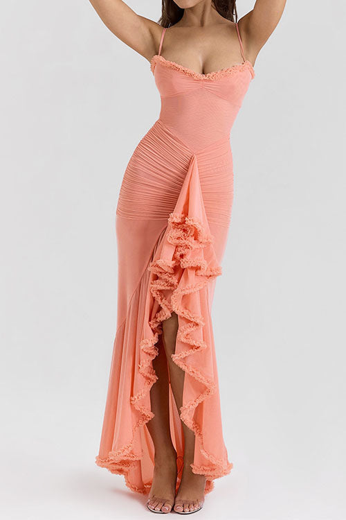 Moxidress Spaghetti Strap Frill Trim Draped Slit Maxi Dress