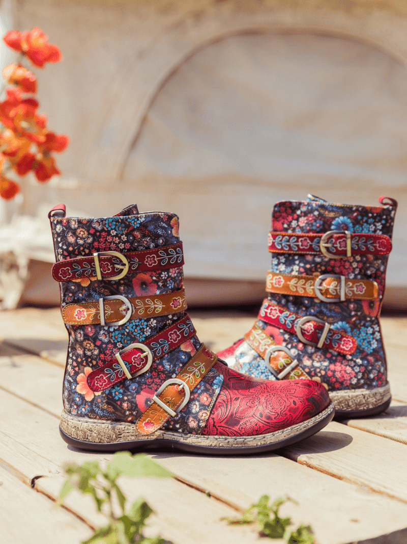 Soffia | Daisy Printed Straps Leather Ankle Boot