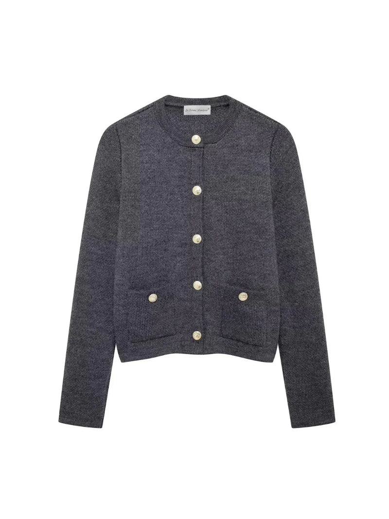Gold Decorated Row Button Short Knitted Cardigan