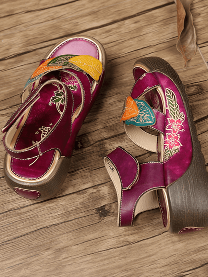Soffia | Genuine Leather Applique Platform Ankle Strap Sandal