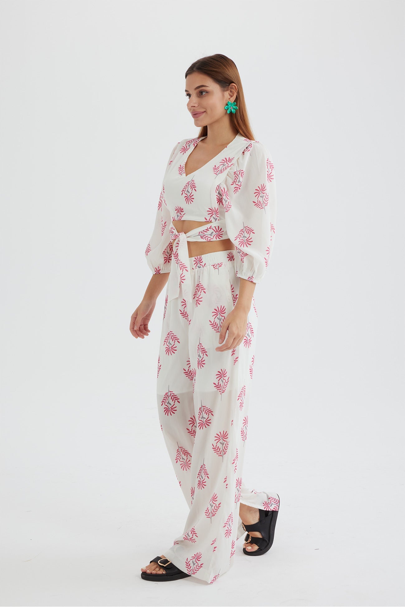 Print Puff Sleeve Knotted-front Tops Long Pants Suits