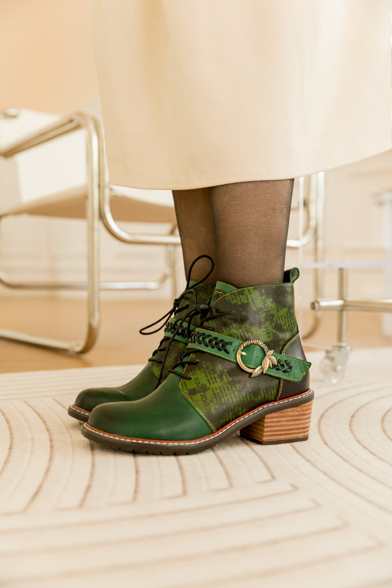 Soffia | Dark Green Leather Ankle Boot