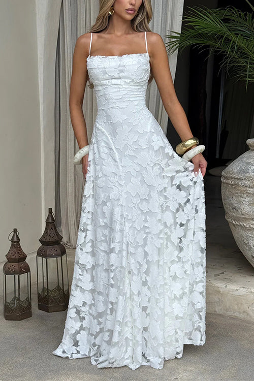 Moxidress Spaghetti Strap Backless Lace-up Jacquard Maxi Dress