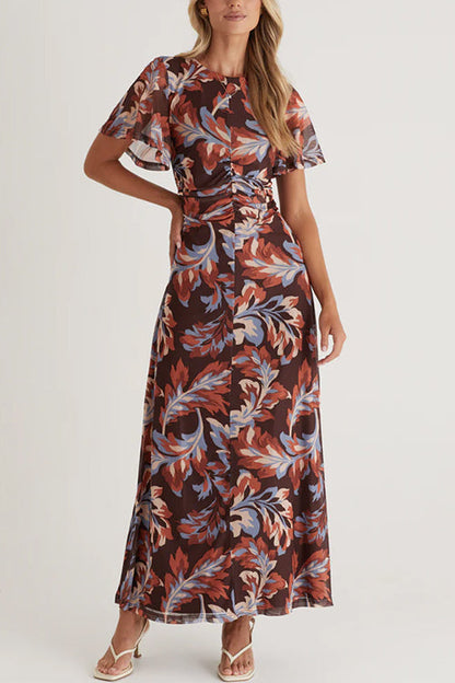Crewneck Flare Sleeves Ruched Print Maxi Dress