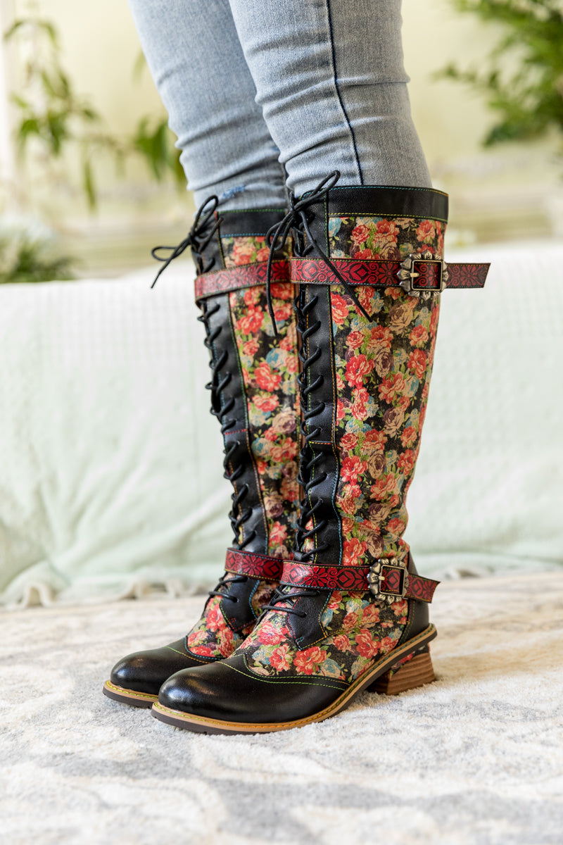 Soffia | Blooming Tie-accent Leather Knee High Boot