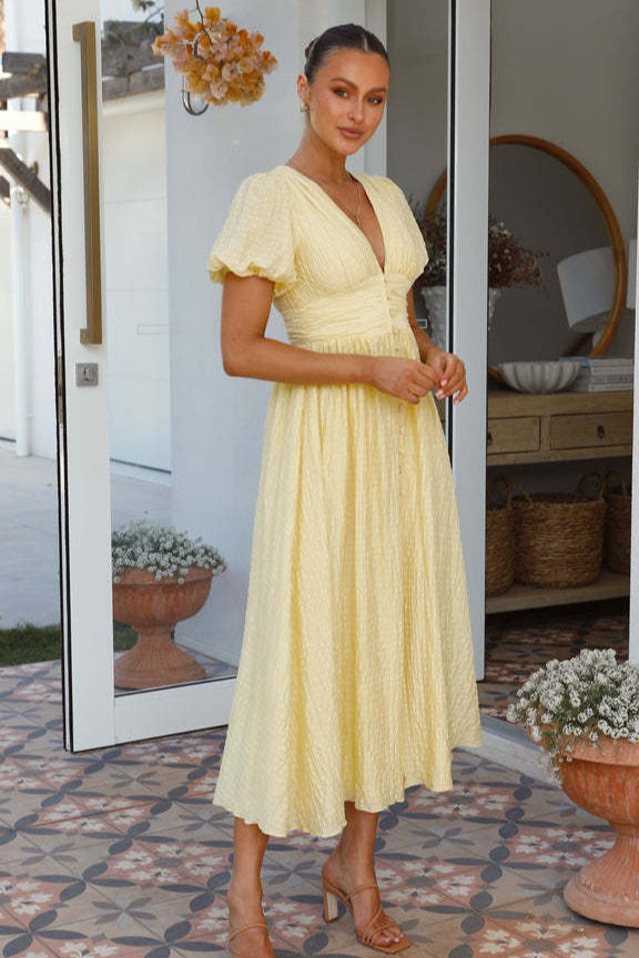 V Neck Puff Sleeve Flared Midi Dress