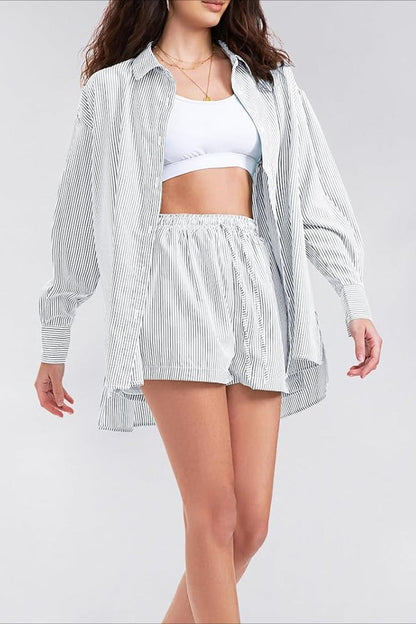 Striped Lapel Long Sleeve Blouse Shorts Set