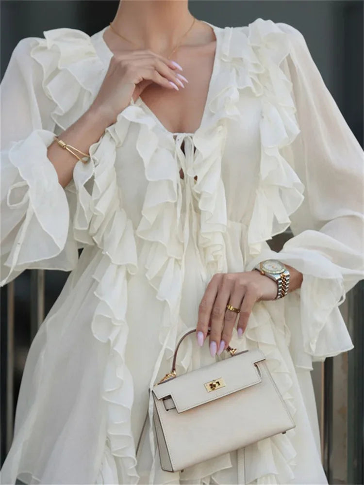 Autumn Ruffled Lace-up Mini Dress ’s V-neck Lace-up Patchwork Slim Commute Clothes Female Bandage Party Dress