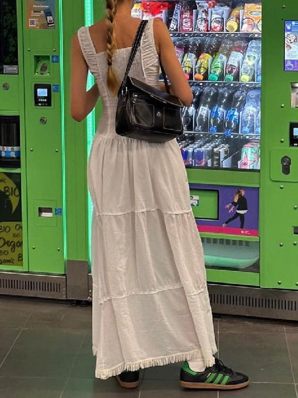 White French Pleated Layered Slim Midi Dress With Lace Up