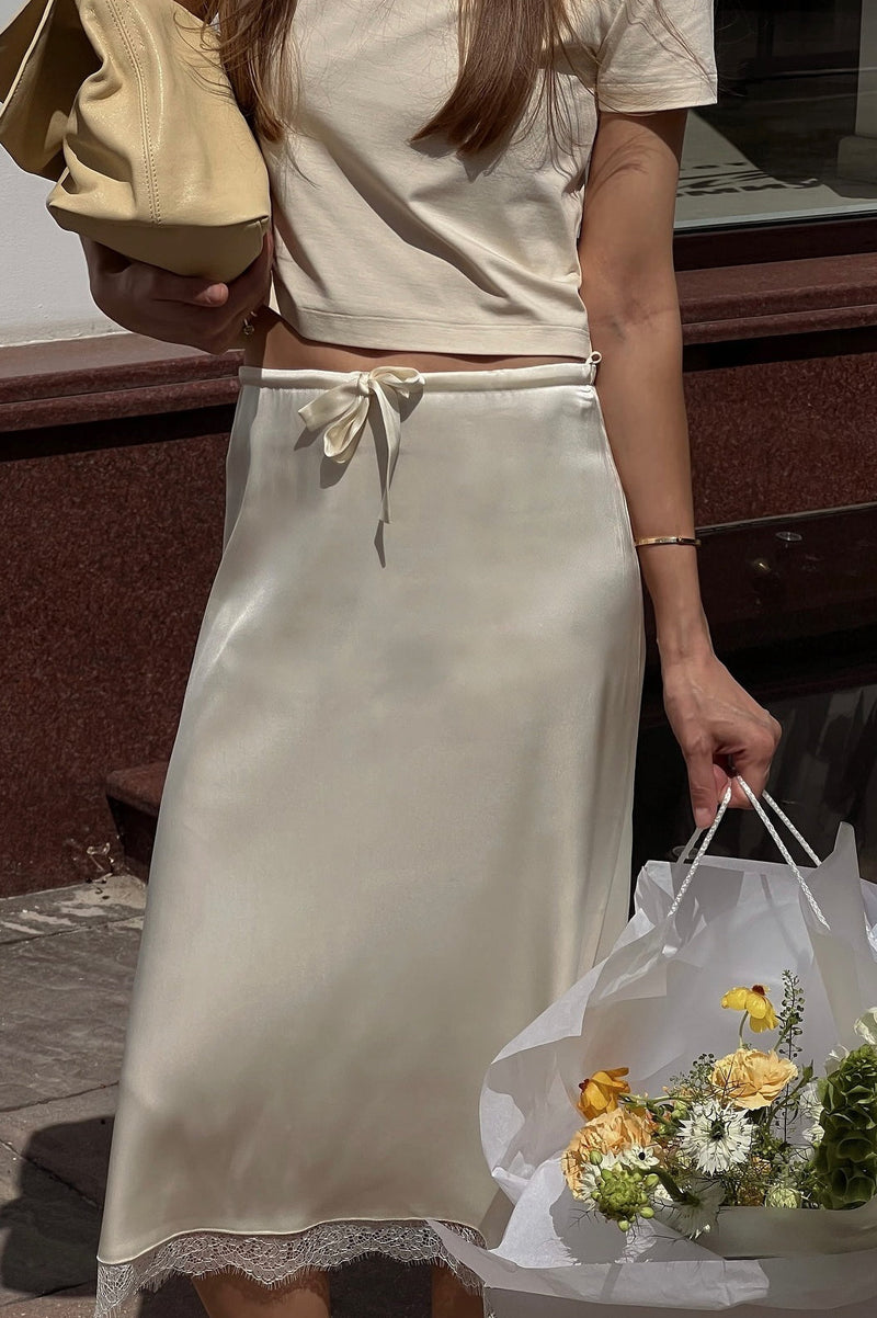 Lace Trim Tie Waist Midi Skirt