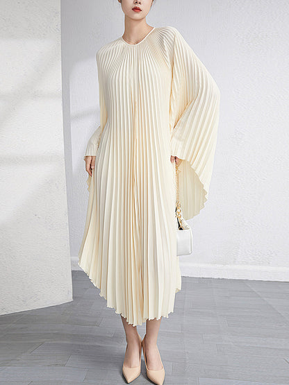 Batwing Sleeves Loose Pleated Color Maxi Dresses