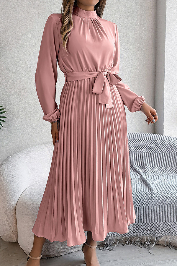 Stand-collar Long-sleeve Waisted Tie-up Pleated Midi Dress