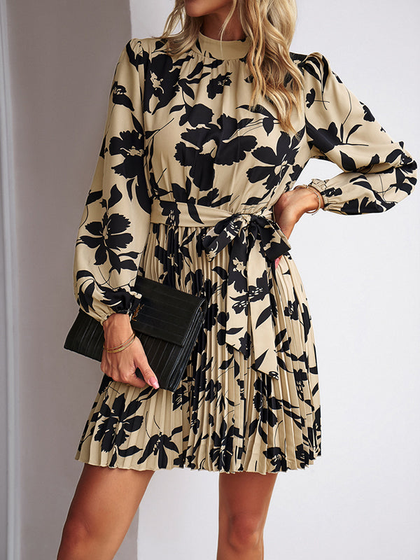 High Waisted Long Sleeves Flower Print Pleated Tied Waist Mock Neck Mini Dresses