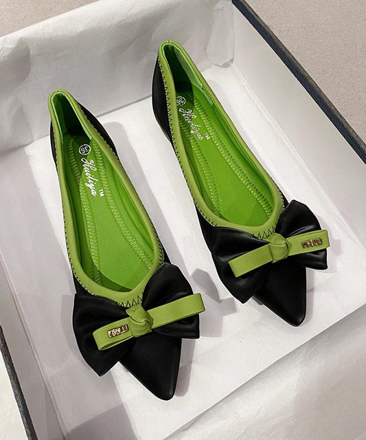 Black Flats Pointed Toe Faux Leather Diy Bow Splicing