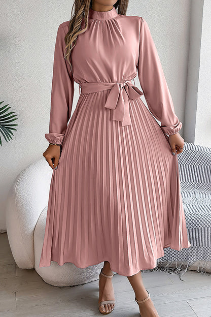 Stand-collar Long-sleeve Waisted Tie-up Pleated Midi Dress