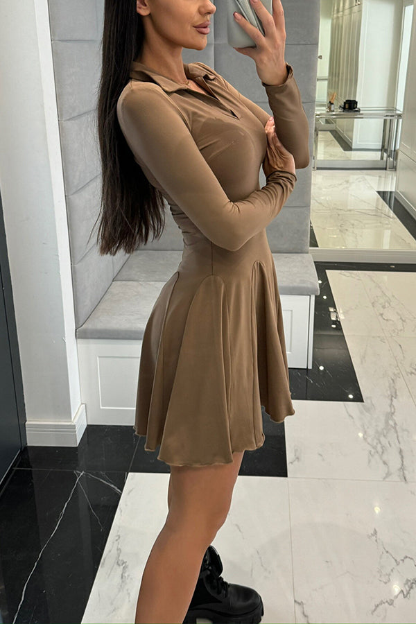Color Lapel Long Sleeve Slim Fit Waist Mini Dress
