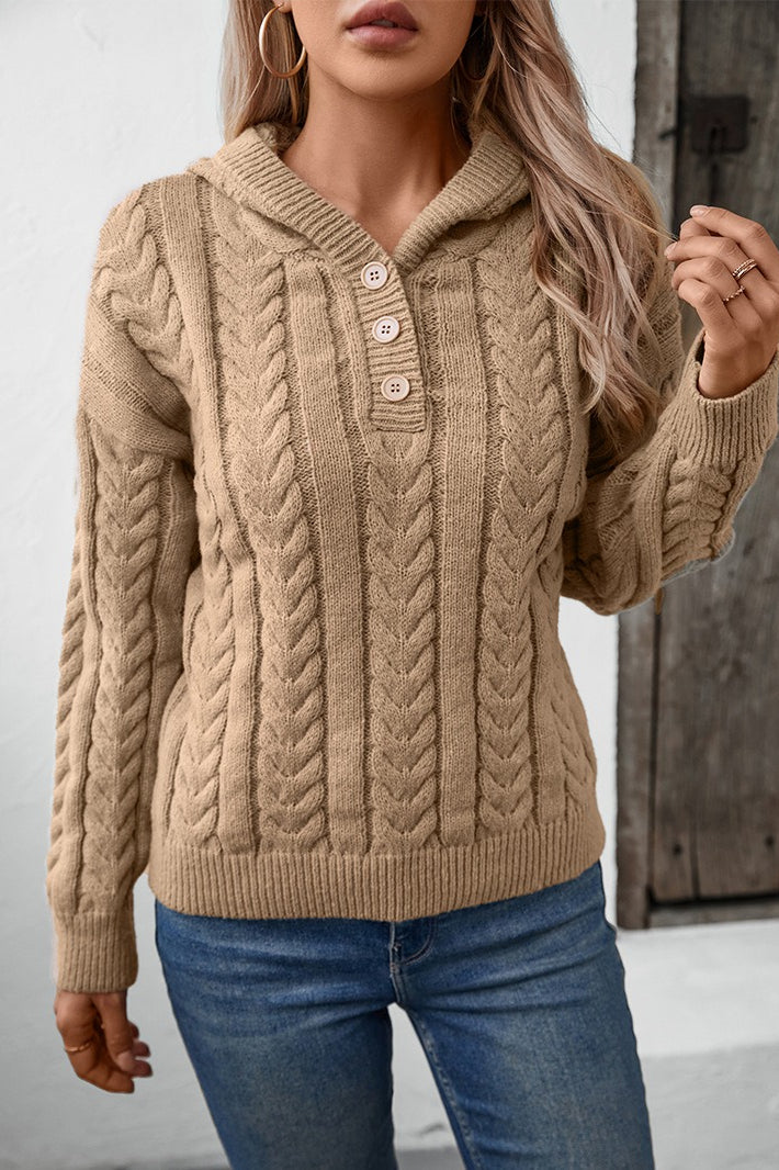 Color Button-front Hooded Thick Warm Sweater