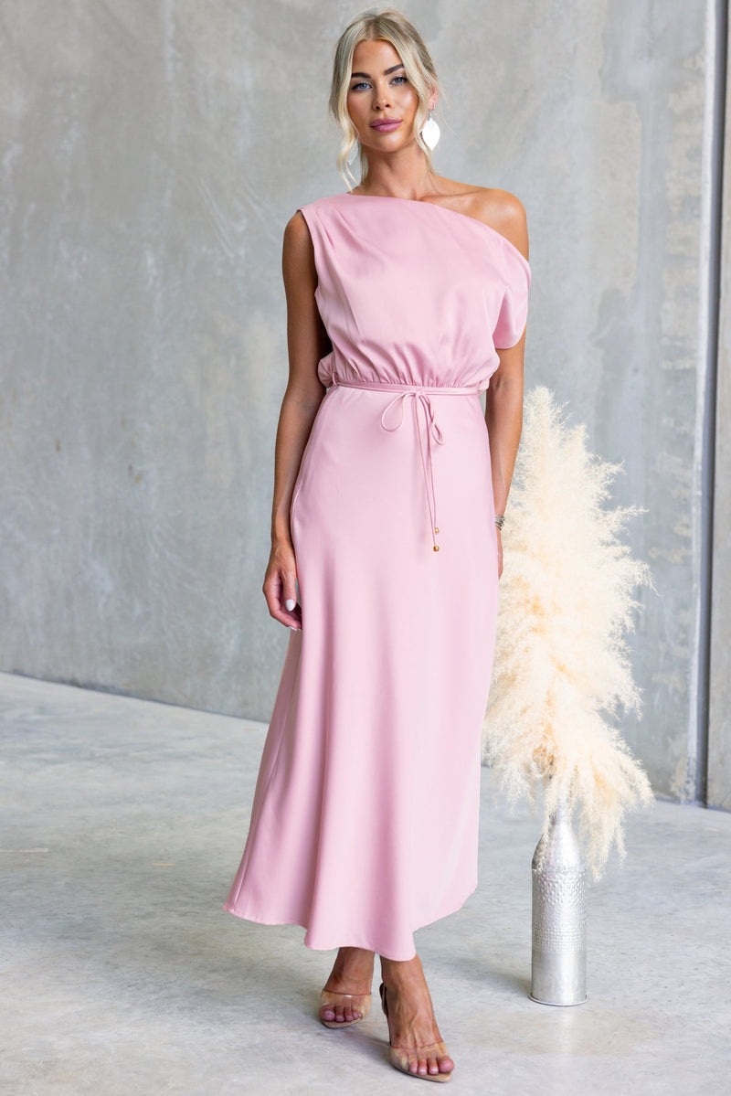 Color One-shoulder Sleeveless Belted Maxi Dress