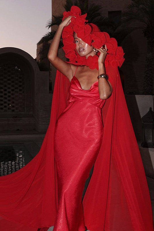 Satin Ribbon Ruched Spaghetti Strap Maxi Dress