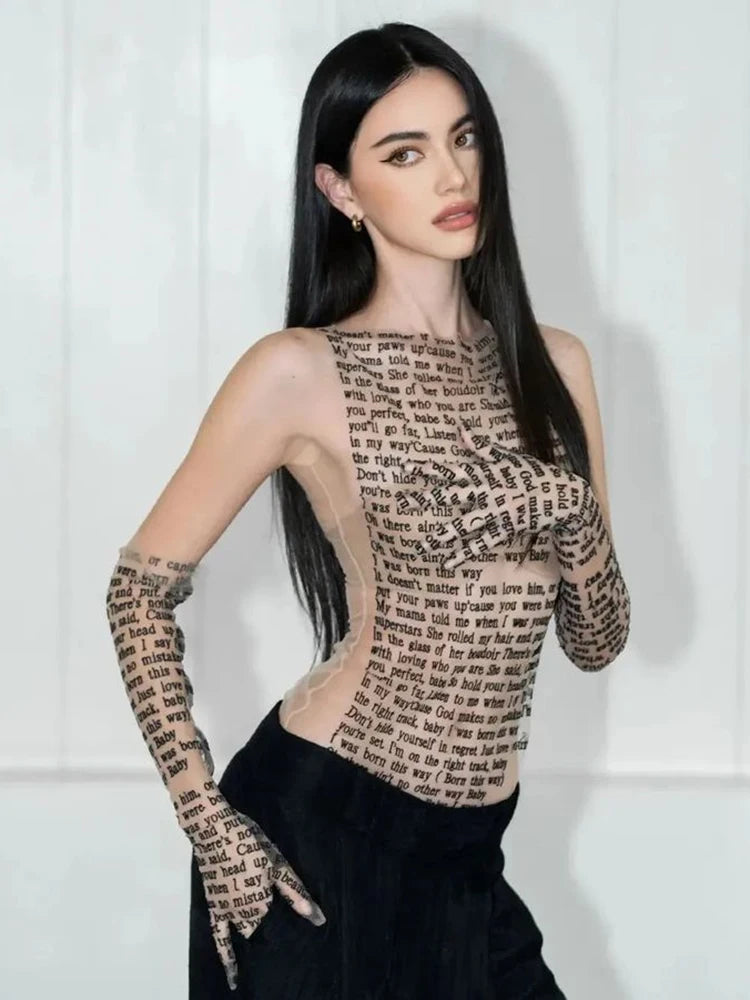 Mesh Letter Printted T-shirt O-neck See Through Tank Tops With Golve High Street Basic Slim Y2k Top Tee Shirts