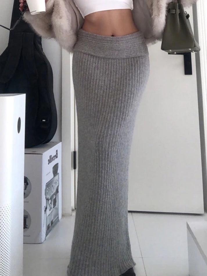 Classic Gray Turned Waist Low Rise Maxi Skirt