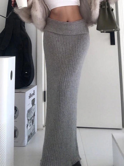 Classic Gray Turned Waist Low Rise Maxi Skirt