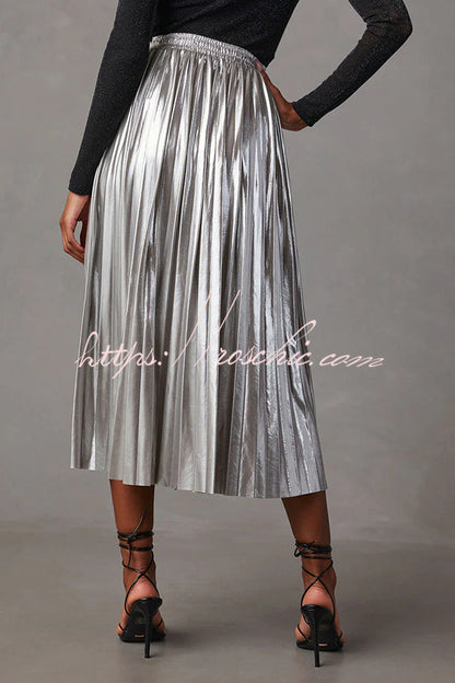 Yuletide Glow Metallic Fabric Pleated Elastic Waist Midi Skirt