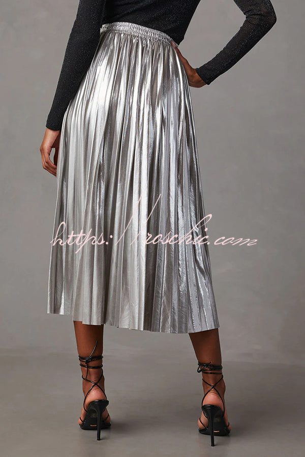 Yuletide Glow Metallic Fabric Pleated Elastic Waist Midi Skirt