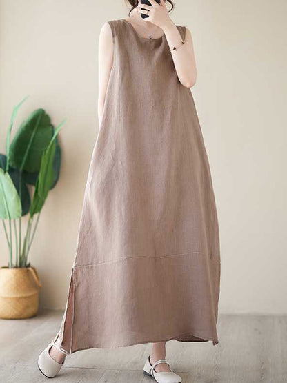 A-line Loose Color Round-neck Midi Dresses