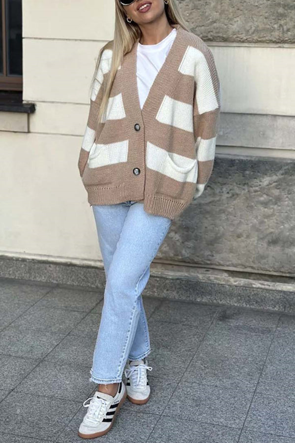 V-neck Long-sleeved Striped Pocket Knitted Cardigan